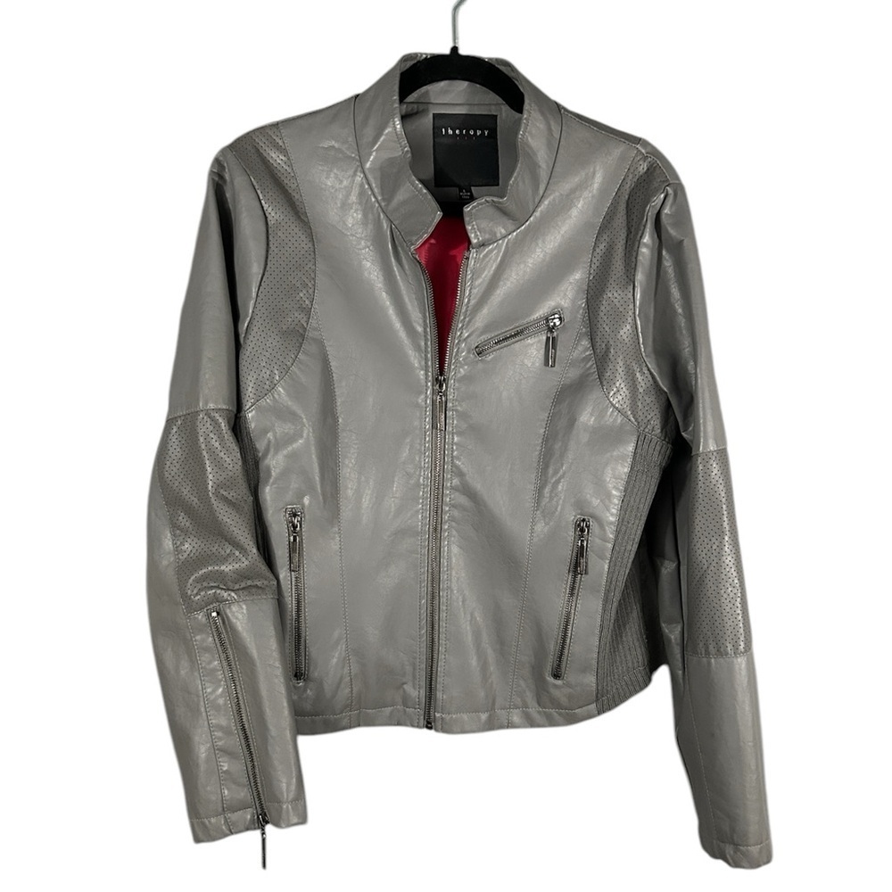 Therapy Gray Moto Jacket Knit Sides Vegan Leather